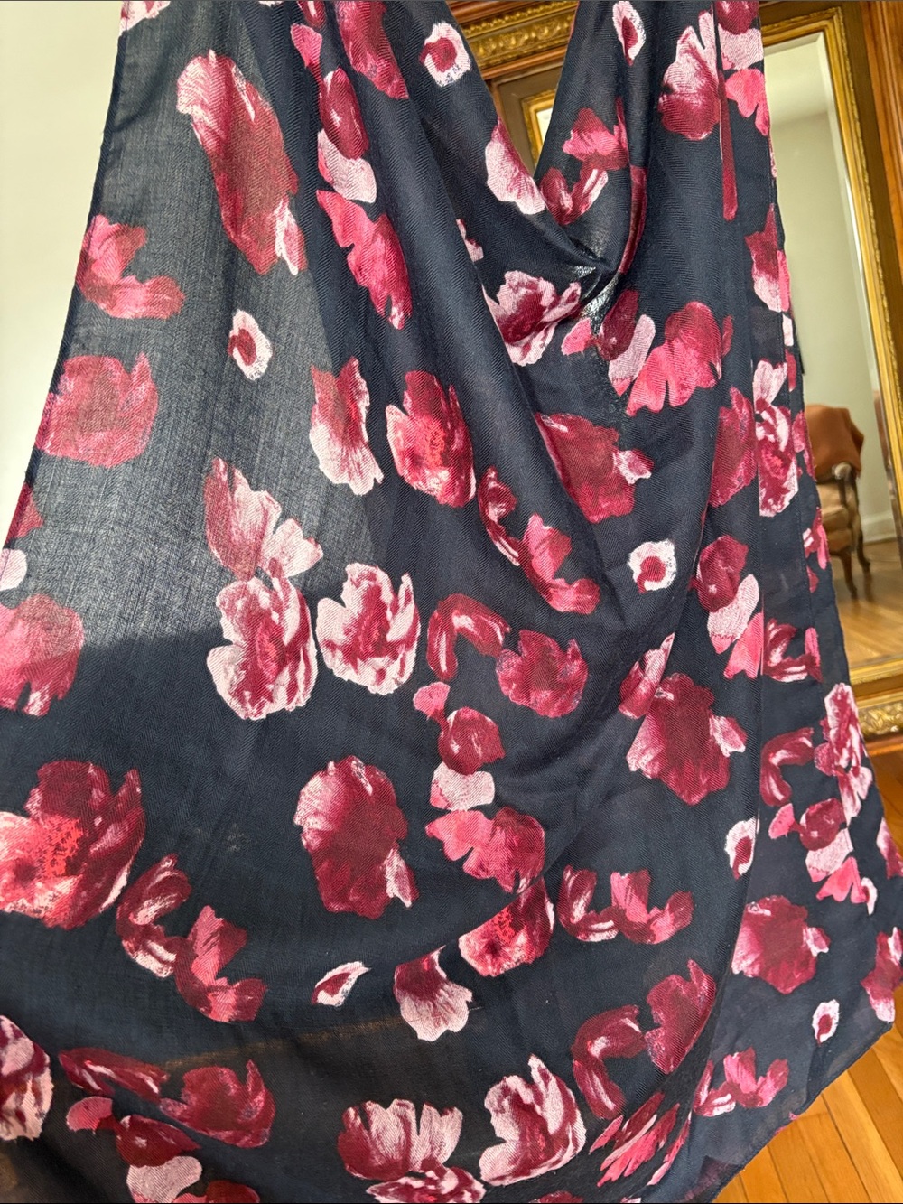 Banana Republic Black Scarf with Burgundy and Pink Floral Print